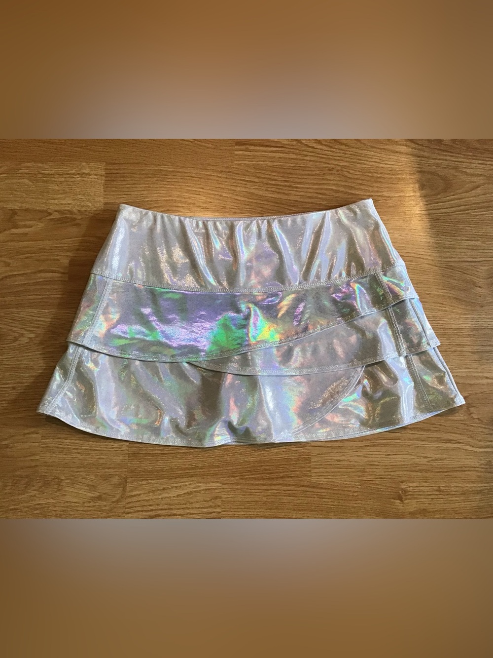 Lucky in Love Iridescent Holographic Silver Tiered Mini Skirt